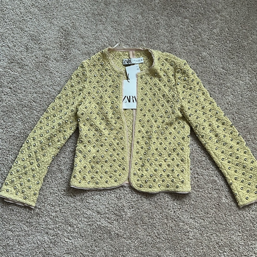 Zara Yellow Embellished Tweed Jacket